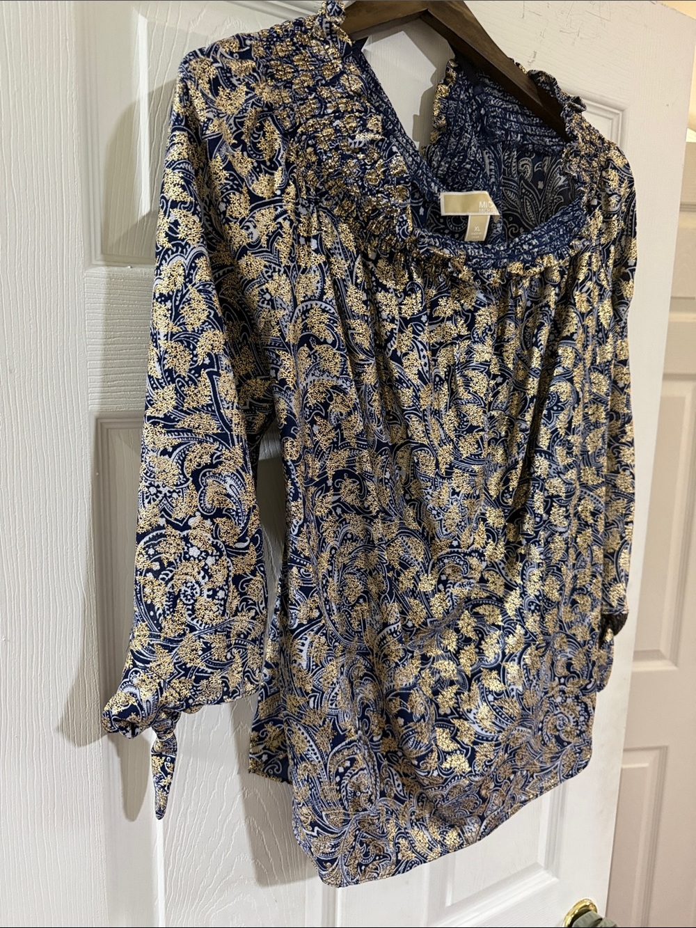 Michael Kors Navy and Cream Paisley Smocked-Neck Blouse